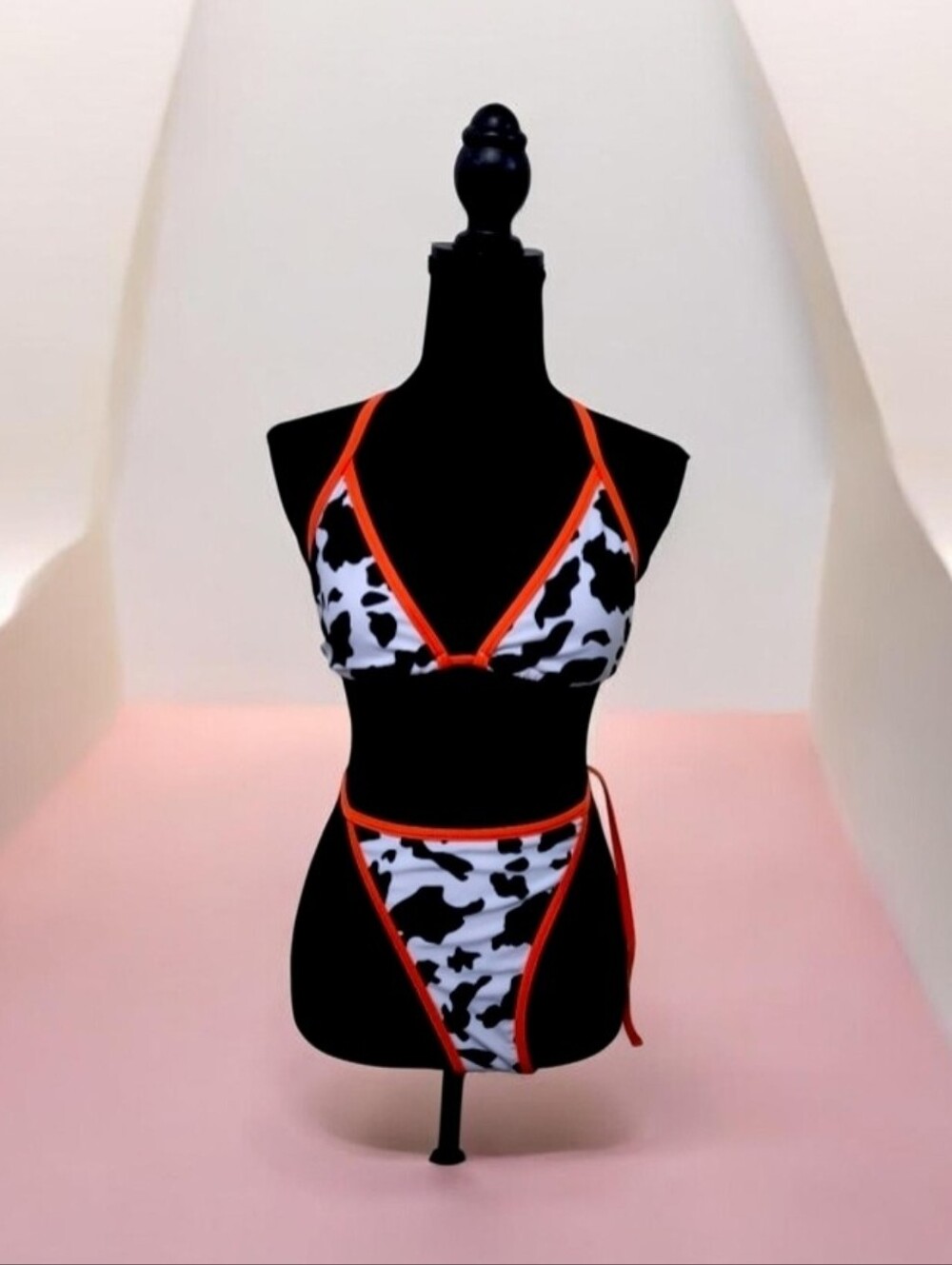 Cow Print Triangle Bikini with Orange Trim S